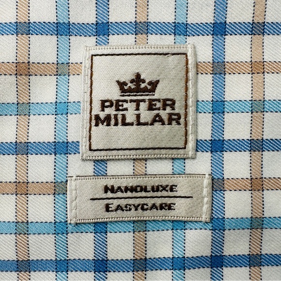 Peter Millar Mens Large Blue Brown Checkered Plaid Long Sleeve Button Down Shirt - Picture 6 of 9